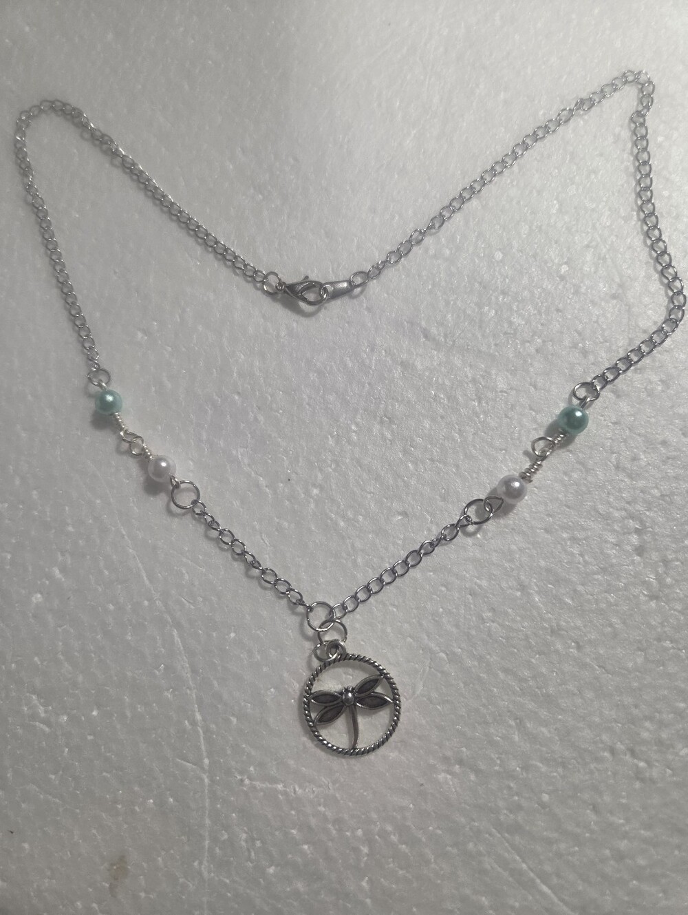 Handcrafted Silver Dragonfly Pendant Necklace with Aqua and White Pearl Beads